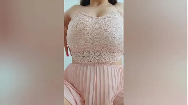 Best Young cutie in pink dress playing with her big tits in front of the camera - DepravedMinx cool Videos